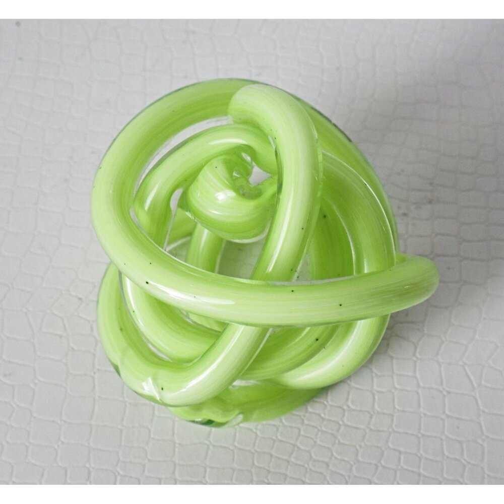 Vintage Art Glass Twisted Infinity Knot Lime Green Hand Blown Paperweight